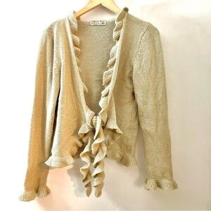 Alpaca Fina Peruvian Wool Ruffle Front Tie Cardigan Beige Y2K Knit Sweater